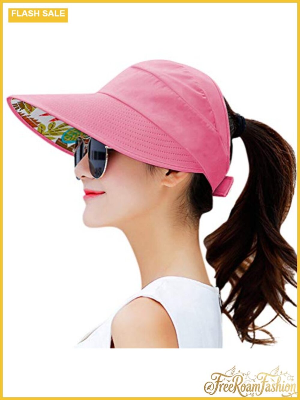 Wide Brim Sun Hat UV Protection Packable Floral Beach Visor Ponytail